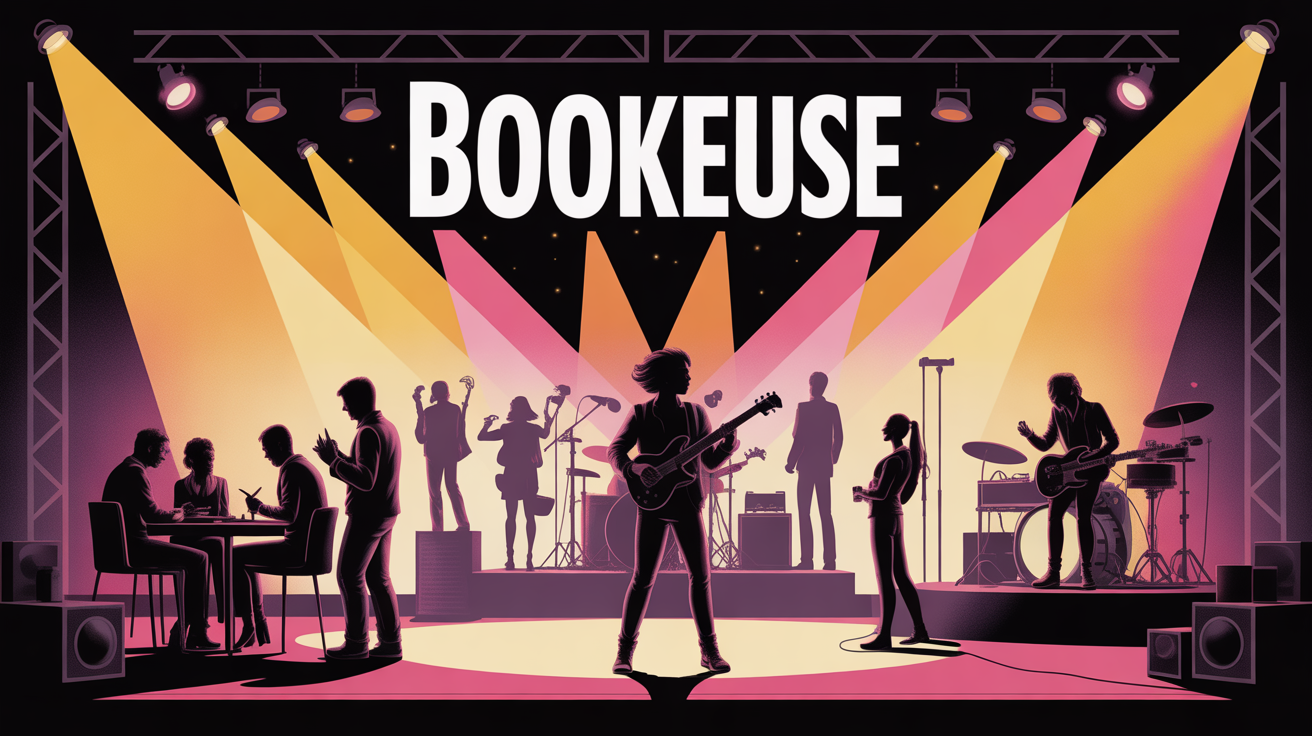 Illustration concert rock coulisses bookeuse équipe artistes