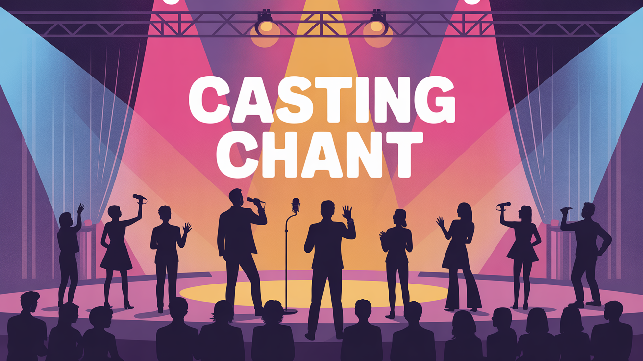 Scène de casting chant avec silhouettes et projecteurs