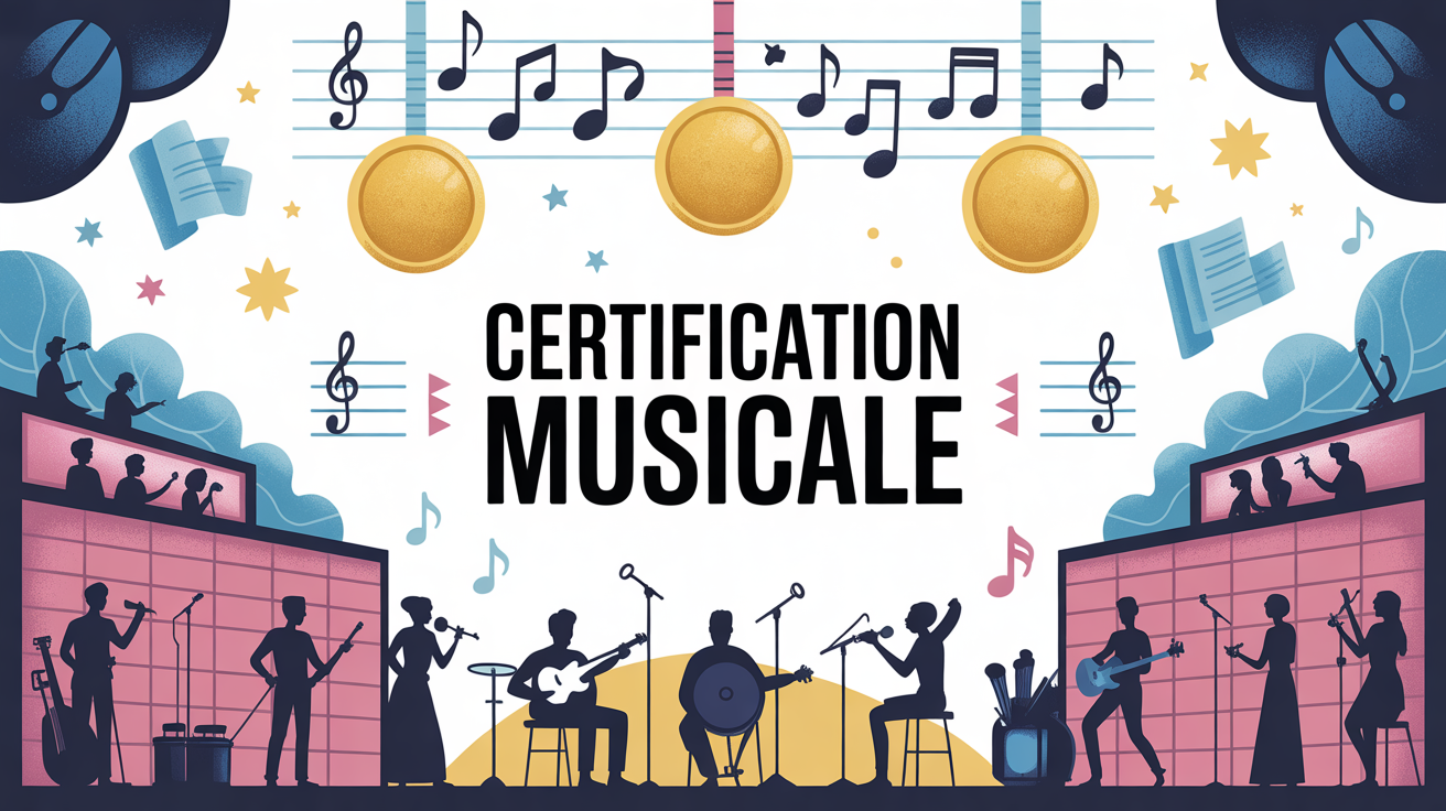 Scène certification musicale partitions médailles chanteurs instruments