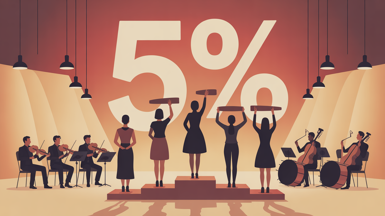Silhouettes féminines cheffes d’orchestre sur podium, 5% chiffres