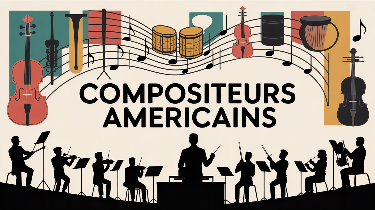 Illustration partition, instruments et chefs d'orchestre américains