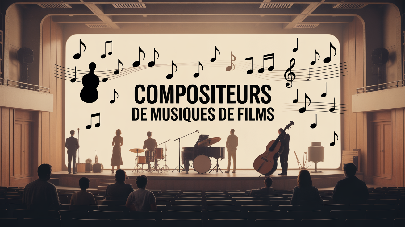 Auditorium stylisé avec musiciens et notes, compositeurs de musiques de films