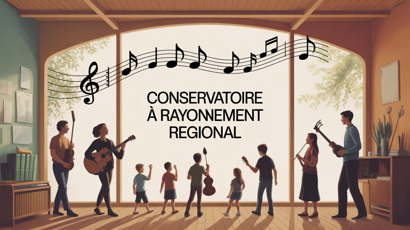 Entrée du conservatoire, enfants et adultes avec instruments