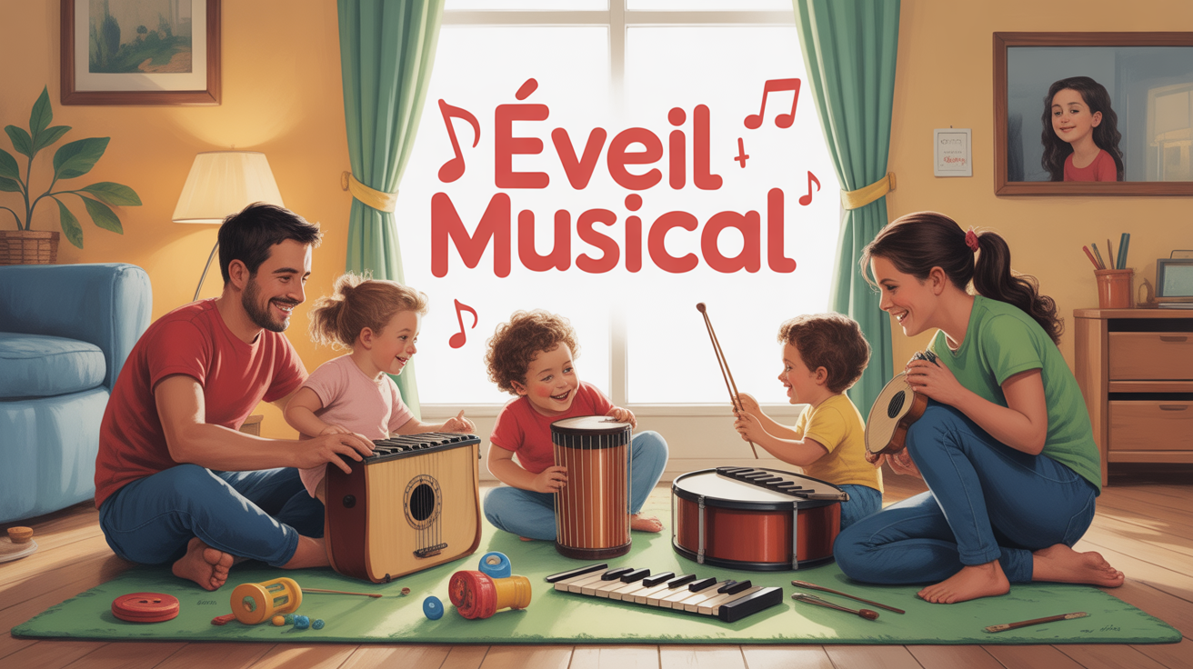 Scène famille eveil musical enfants instruments à la maison