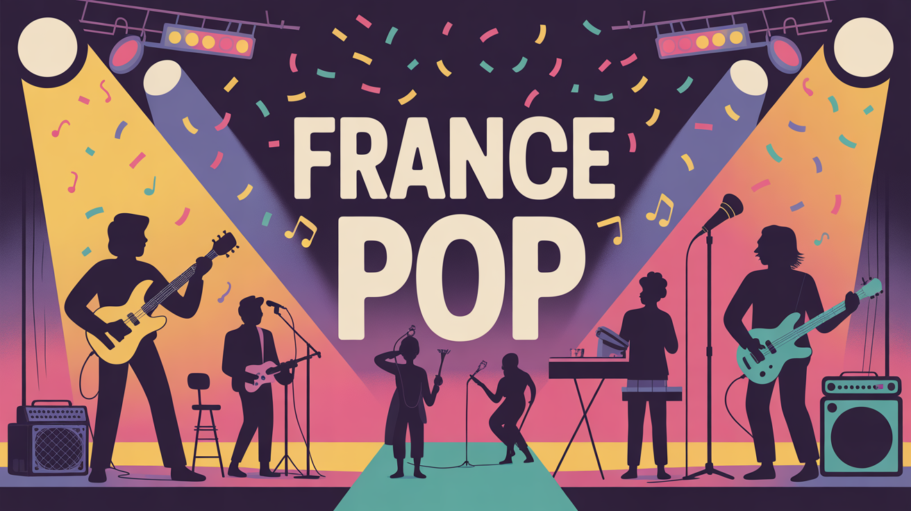 Affiche France pop, artistes sur scène, couleurs vives