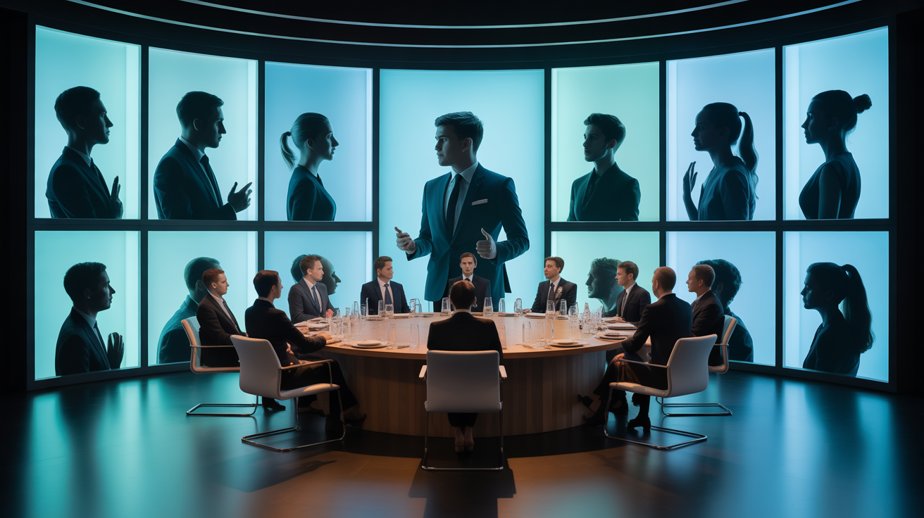 Grande table ronde avec interprètes en cabine et participants internationaux