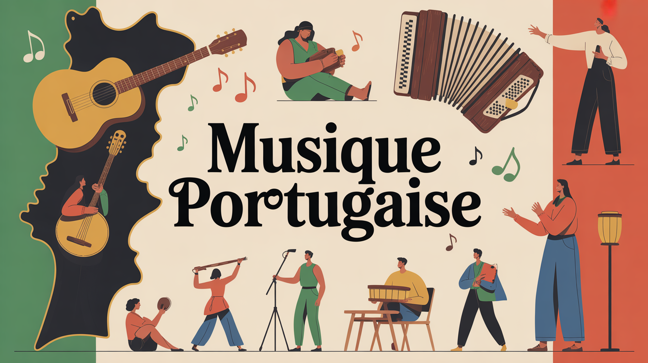 Illustration carte Portugal, instruments musique portugaise, ambiance festive.