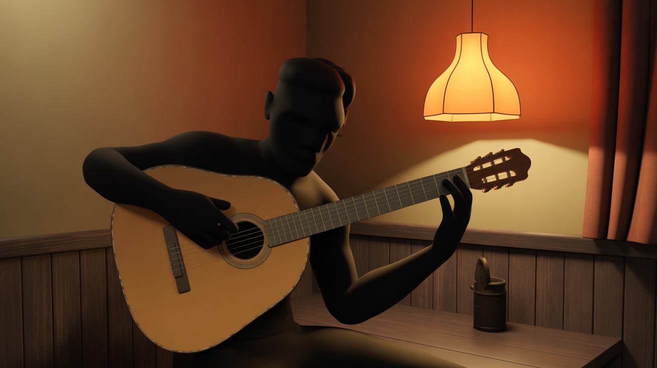 Scène fado musique portugaise, taverne, guitare portugaise, ambiance intime.