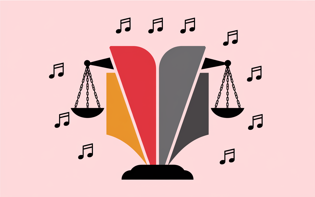 Deux partitions comparées, notes identiques, balance de justice, plagiat musical