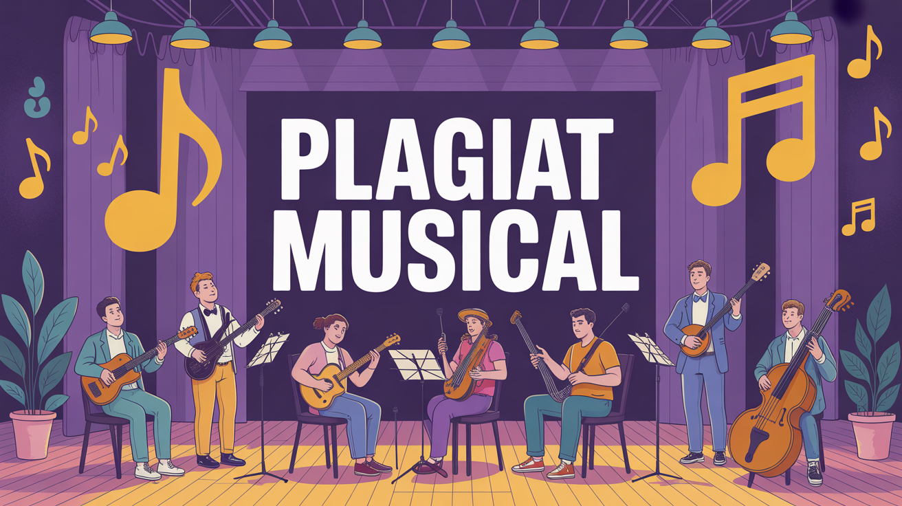 Groupe de musiciens autour d'une partition avec notes flottantes, plagiat musical