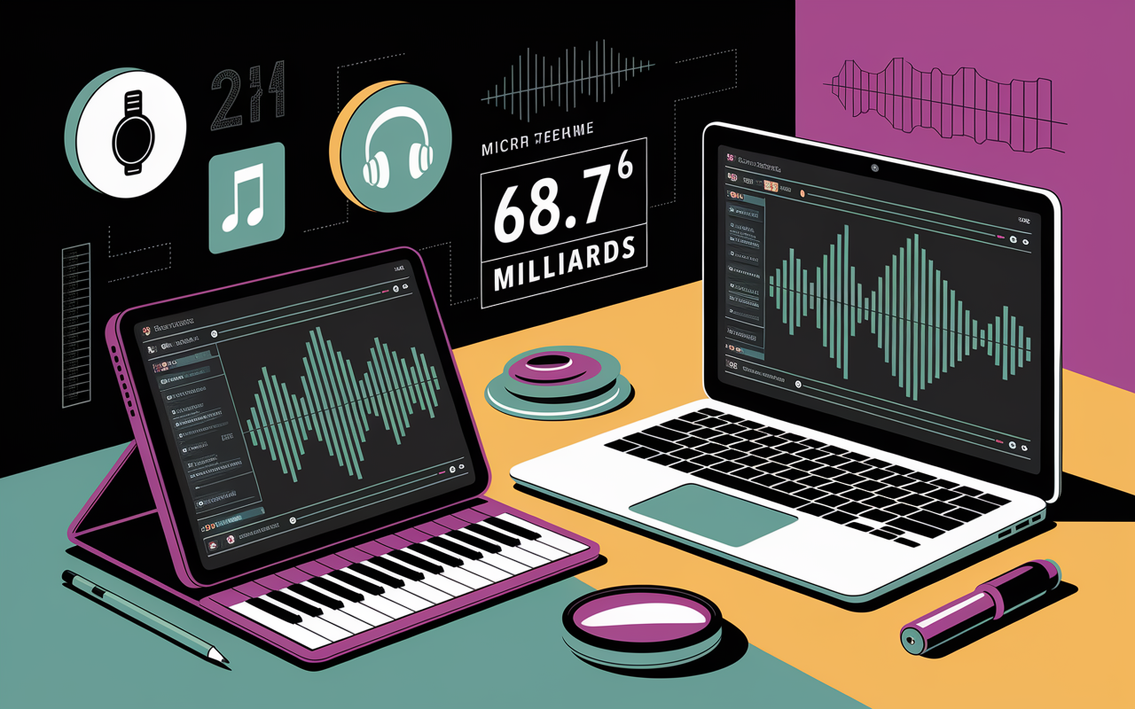 Tablette, ordinateur, ondes musicales, chiffres, outils de détection IA, plagiat musical