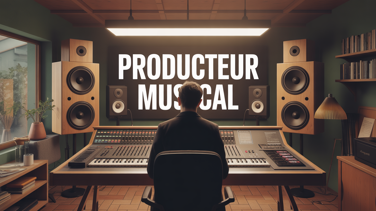 Studio musique moderne avec chef d'orchestre, instruments et mixage