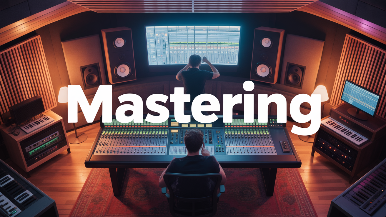 studio mastering audio avec table mixage et ecrans