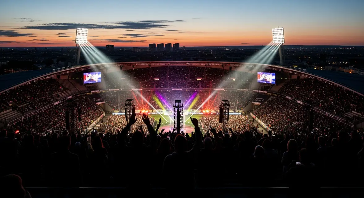 Stade français rempli lumière foule concert Jul 2026