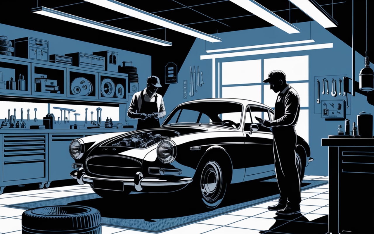 Atelier restauration voiture de collection avec techniciens et outils