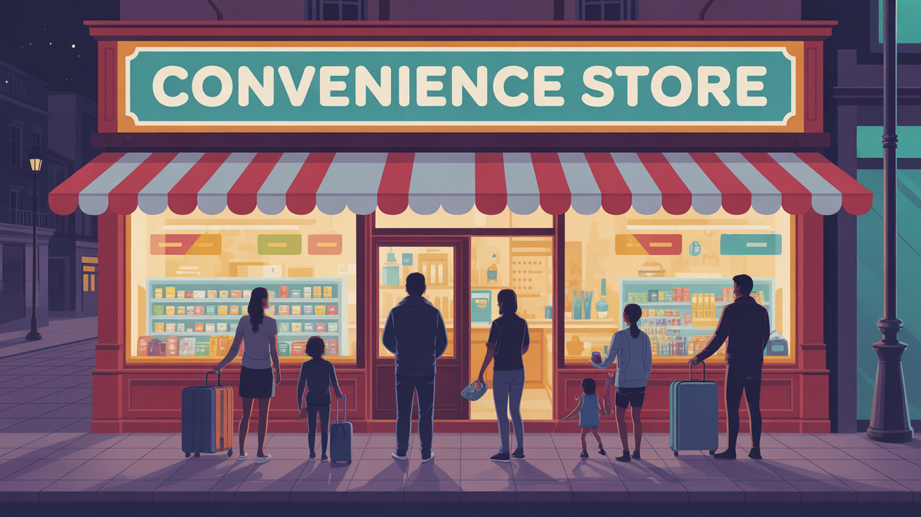 illustration convenience store, supérette de nuit, ambiance quartier