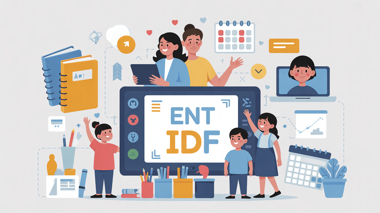 Illustration d'une famille et enseignants autour d'ENT IDF sur tablette et ordinateur