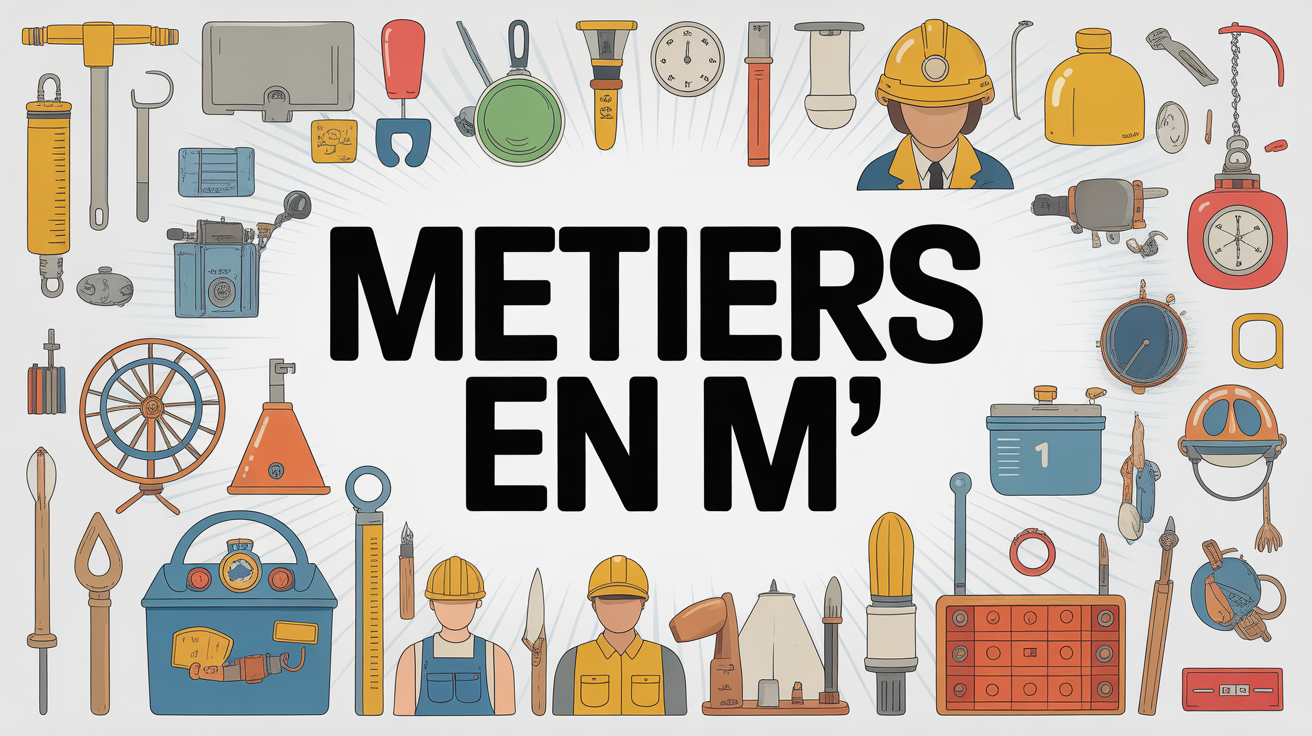 Illustration d-un répertoire de métiers en M avec outils et symboles