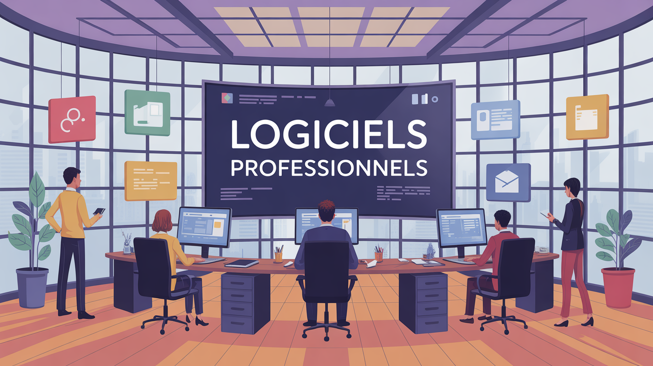 Collaborateurs autour d'ordinateurs affichant Logiciels professionnels