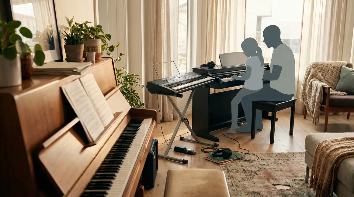 Pianos et claviers pour debuter au piano dans un salon lumineux
