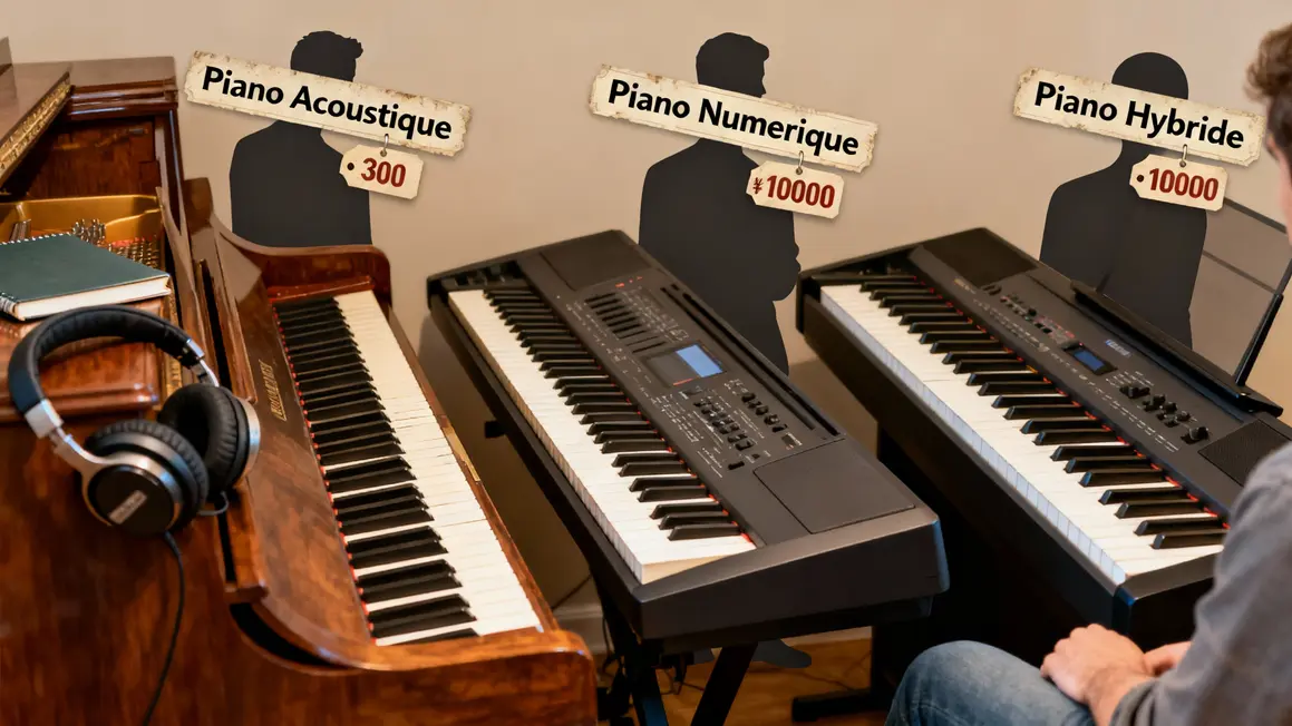 Trois types de piano, accessoires, étiquettes prix