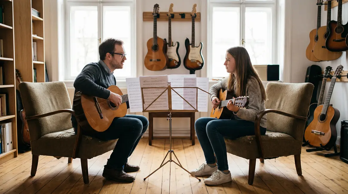 professeur et eleve pendant un cours de guitare