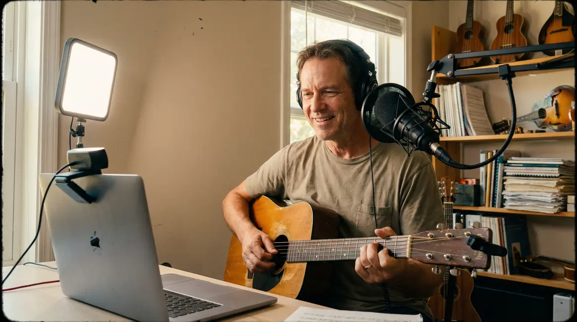 professeur donnant cours guitare en ligne studio equipe