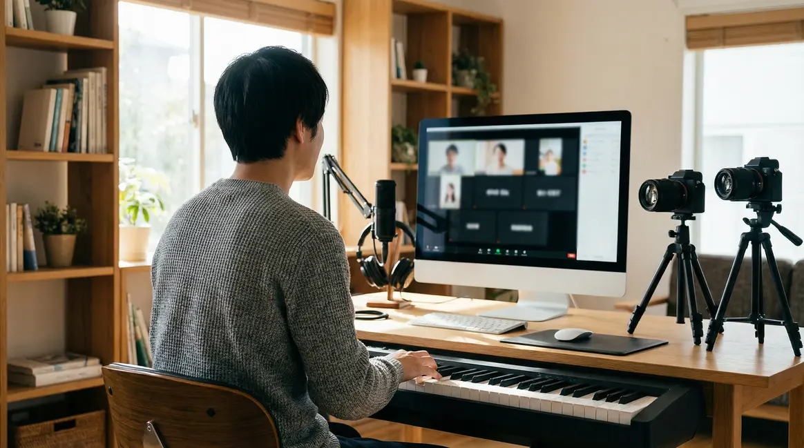 Enseignant piano numérique équipé pour cours en ligne