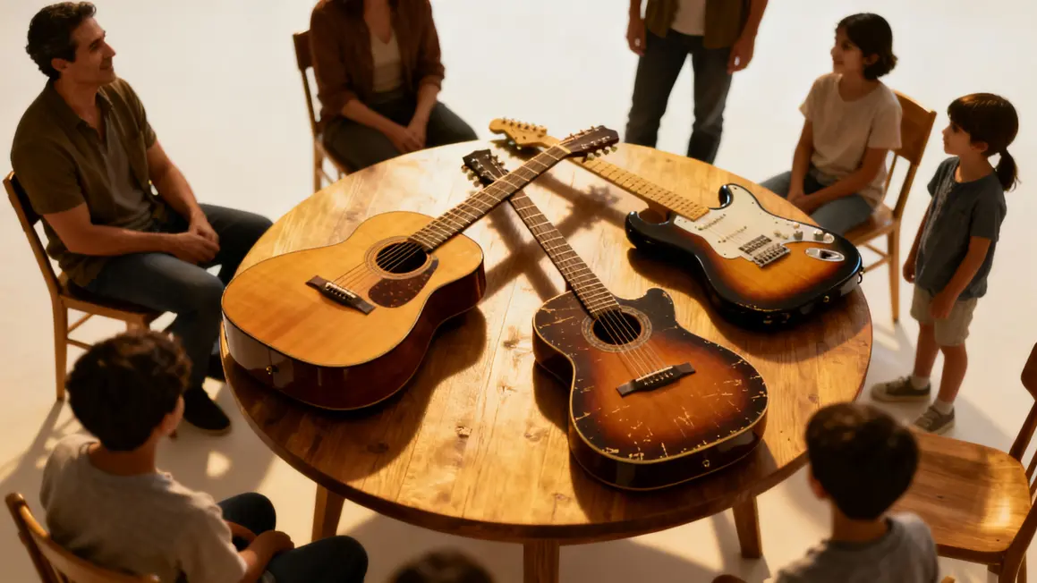 Guitares variées sur table, apprentissage musical inclusif