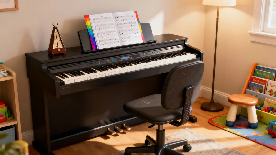 Espace lumineux piano numérique coin enfant ordonné