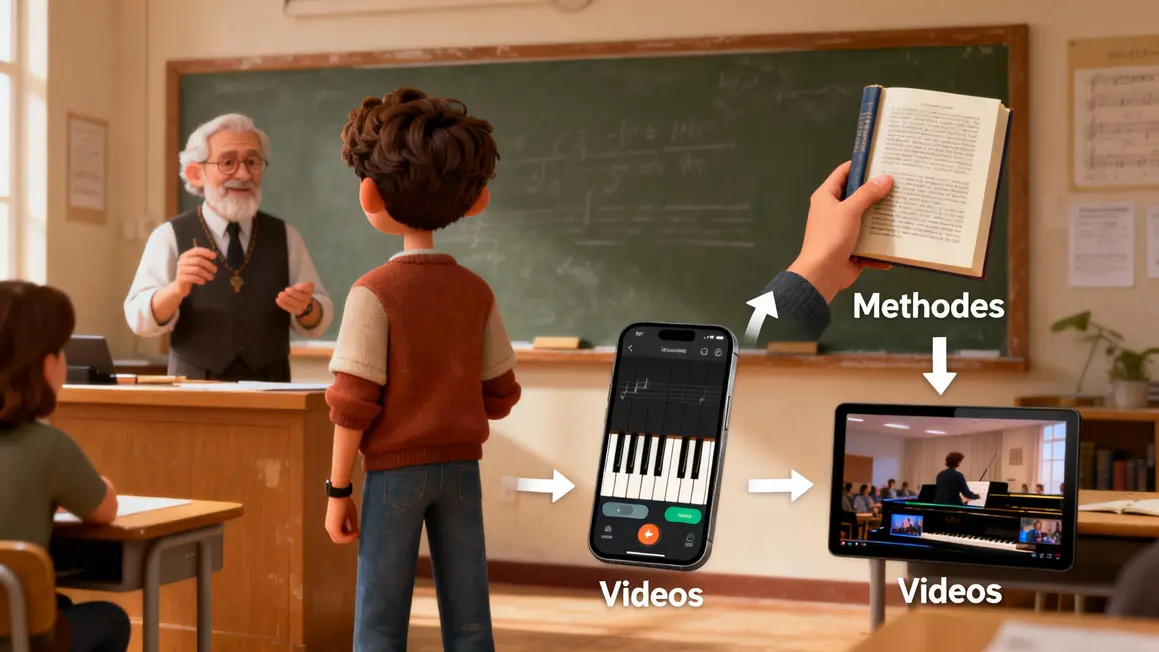 Tutoriel prof, appli, livre, vidéo, progression piano