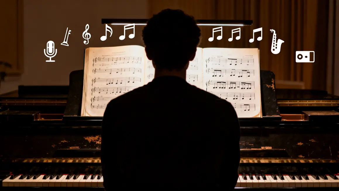 Silhouette professeur piano partitions gammes icônes styles