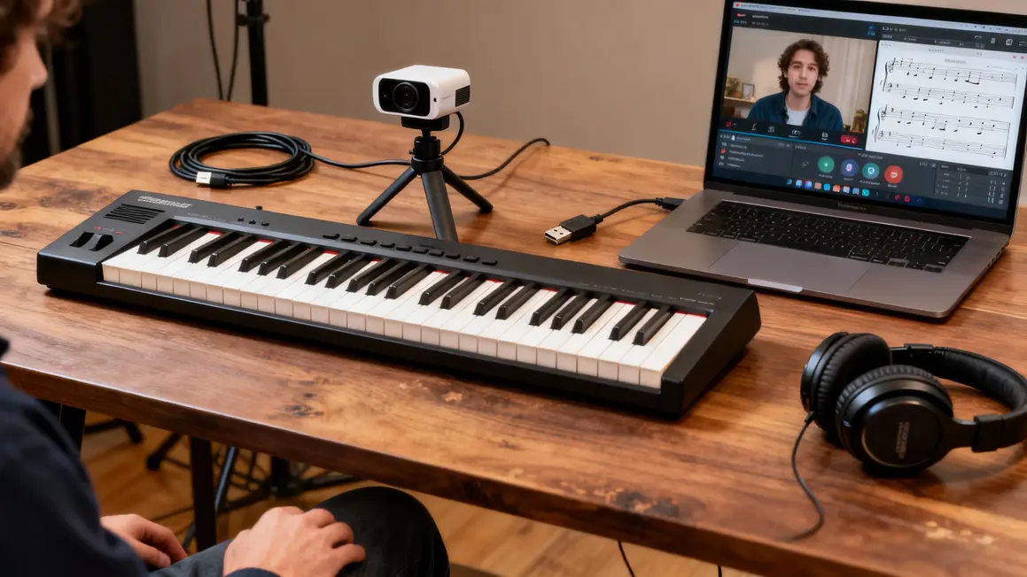 Matériel studio piano numérique webcam logiciel partition visioconférence