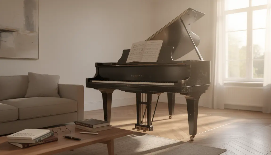 Piano à queue classique, partitions ouvertes, ambiance paisible