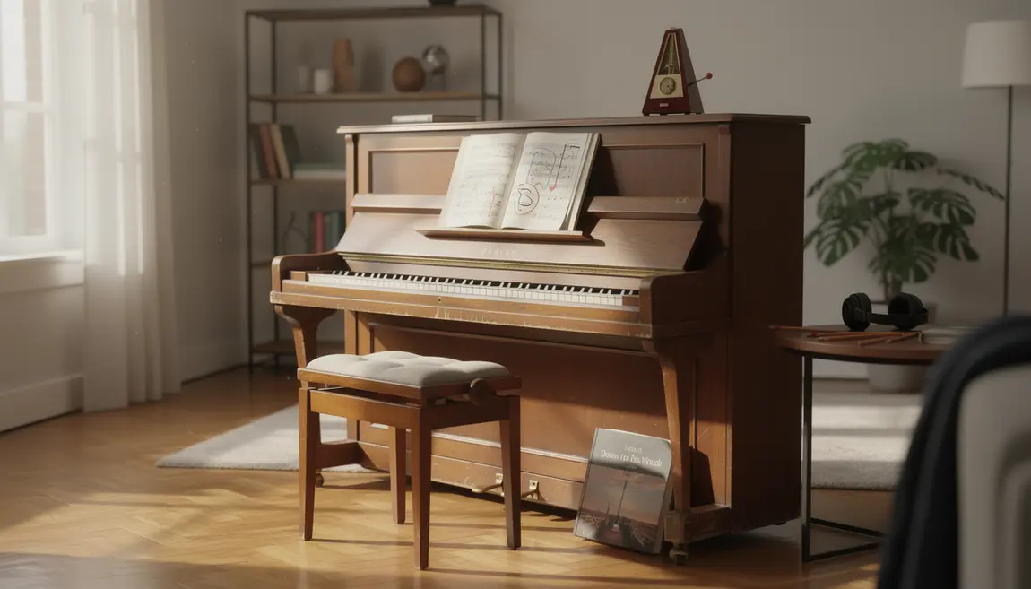 Piano droit partitions ouvertes appartement moderne