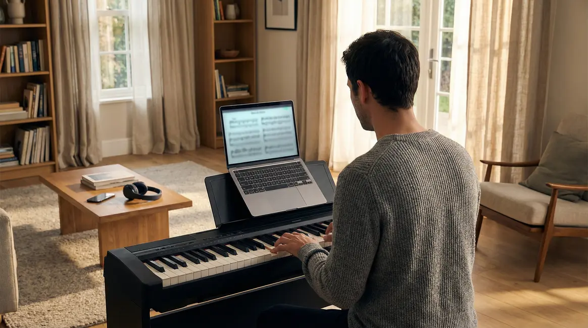 Jouer du piano en ligne dans un salon moderne
