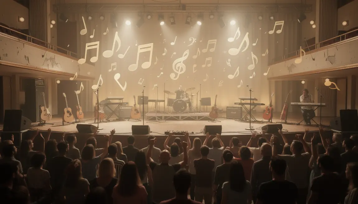 Vue concert instruments foule plaisir musical