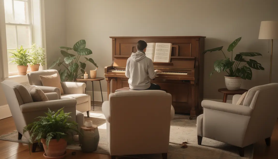 Salon convivial avec piano partitions amateurs motivation