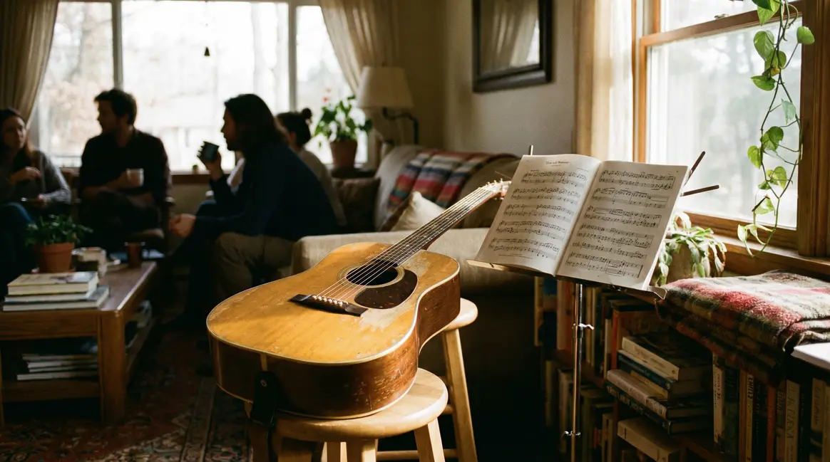 Guitare acoustique sur tabouret, partitions, ambiance apprentissage