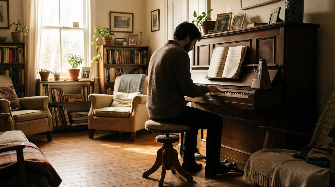 Adulte joue piano acoustique salon lumineux partitions métronome