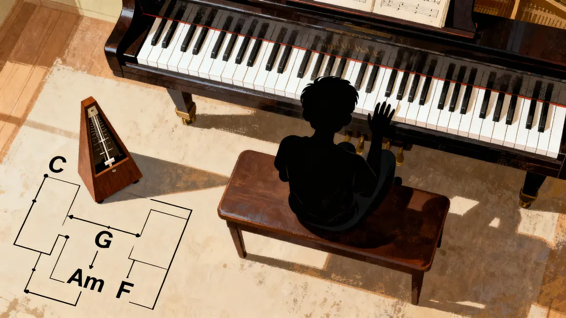 Schéma accords faciles C G Am F sur piano débutant