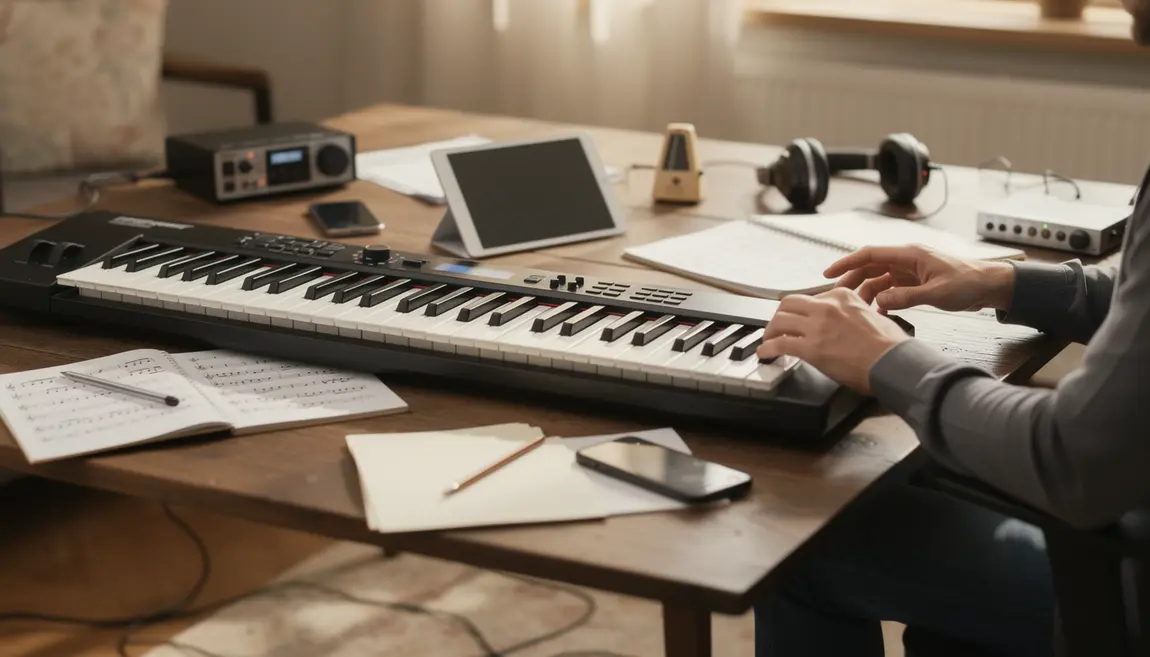Clavier piano moderne avec outils numériques pour apprentissage musical