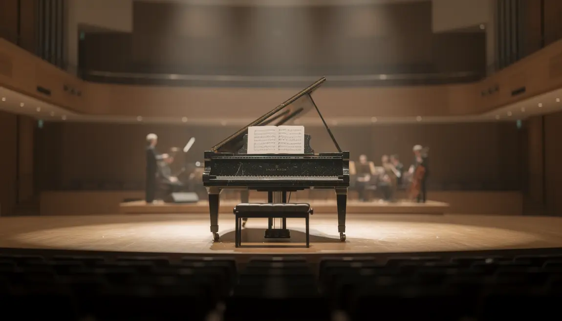 Scène de concert moderne, piano avec partitions ouvertes sur scène, ambiance classique.