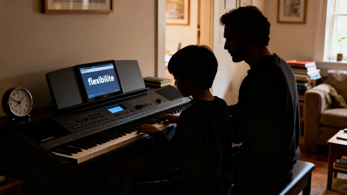 adulte et jeune jouent au piano numerique à la maison écran flexibilité