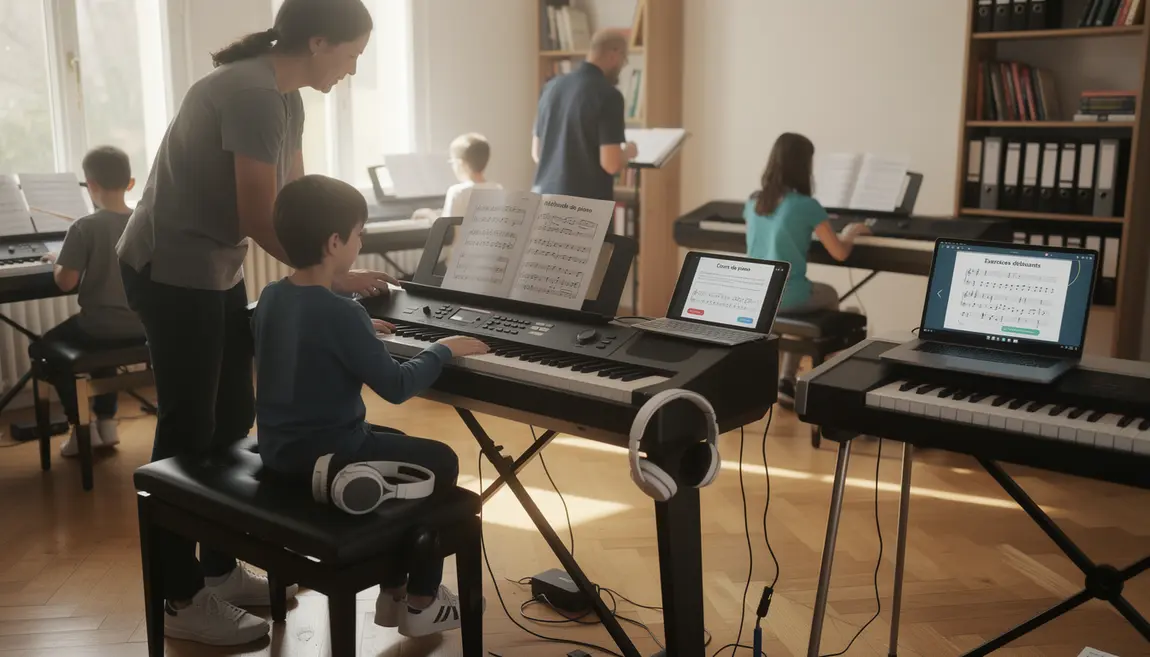 salon lumineux avec piano numerique, ordinateur et debutants motivés