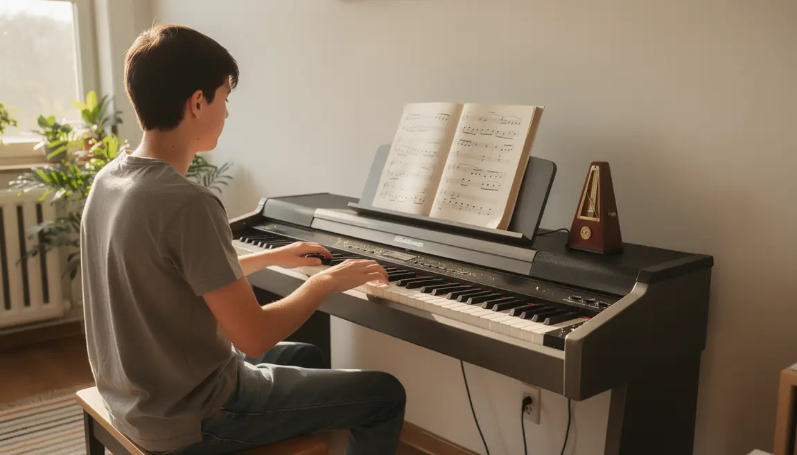 Jouer sur un piano numérique dans un salon lumineux, ambiance apprentissage piano débutant