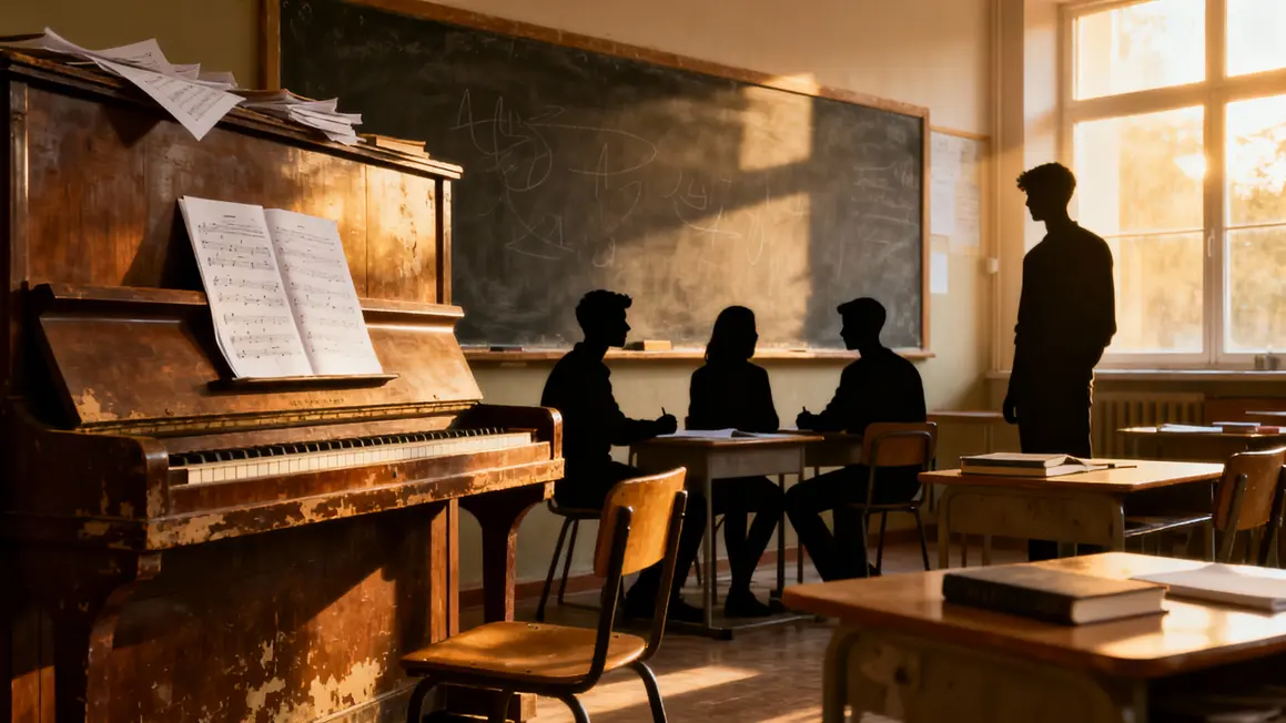 Salle de classe ancienne avec piano, ambiance studieuse, inspiration musicale.
