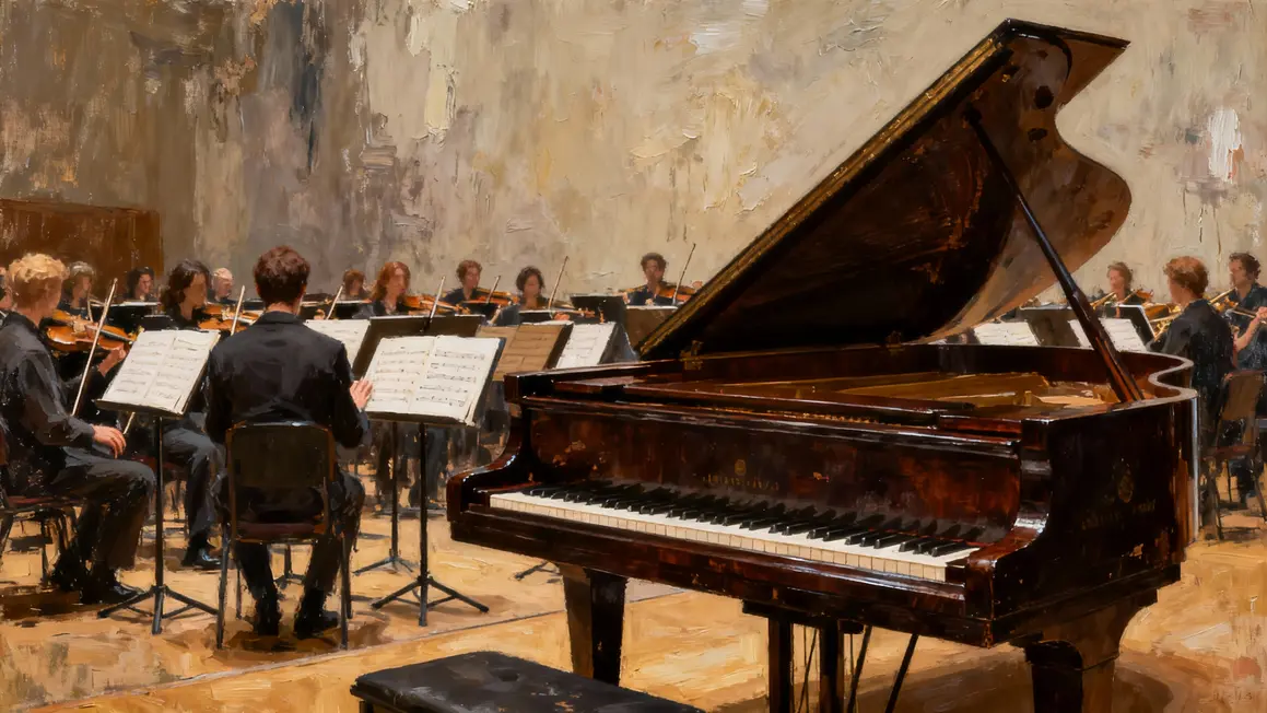 Piano à queue devant orchestre, ambiance mélancolique, style post-romantique.