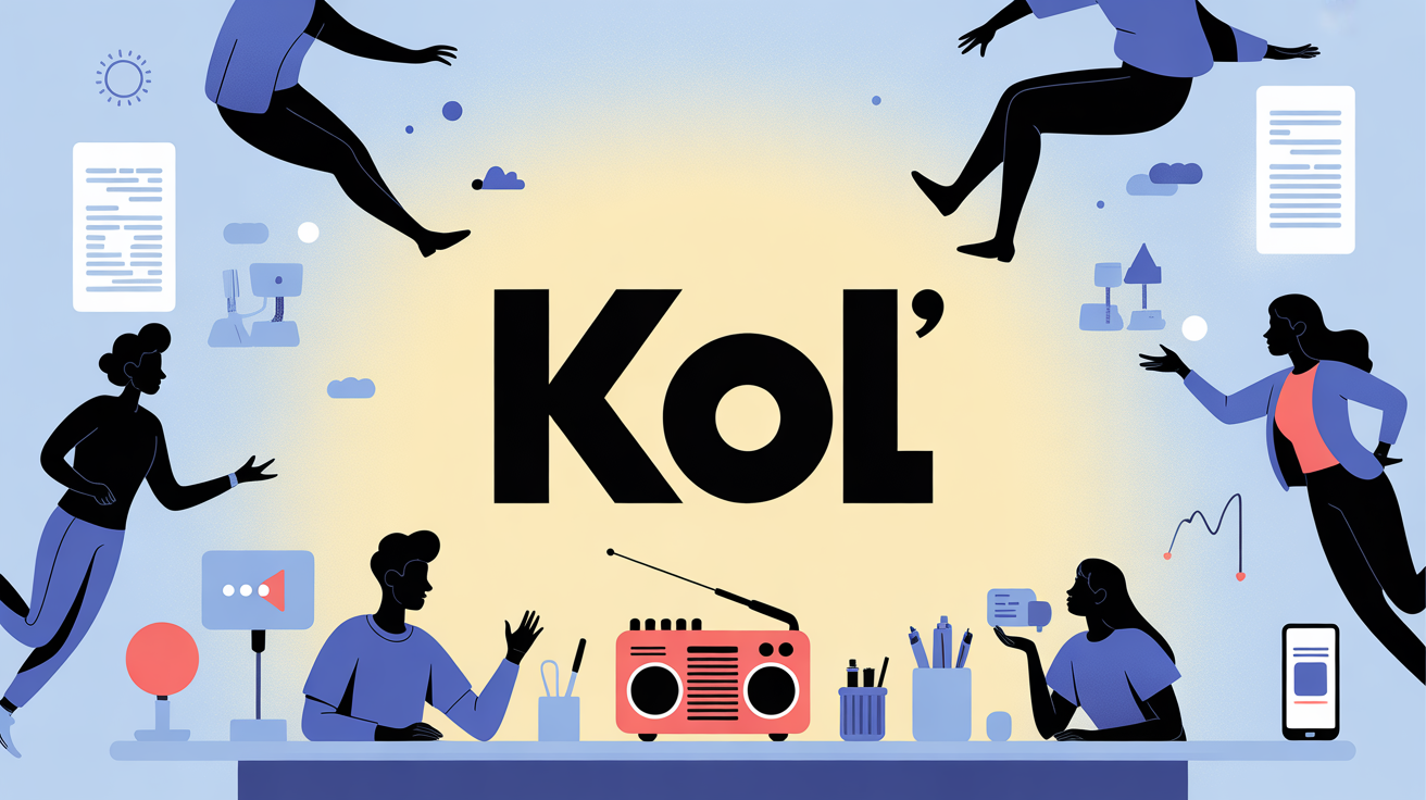 Silhouettes discutant autour d'objets avec kol en texte central