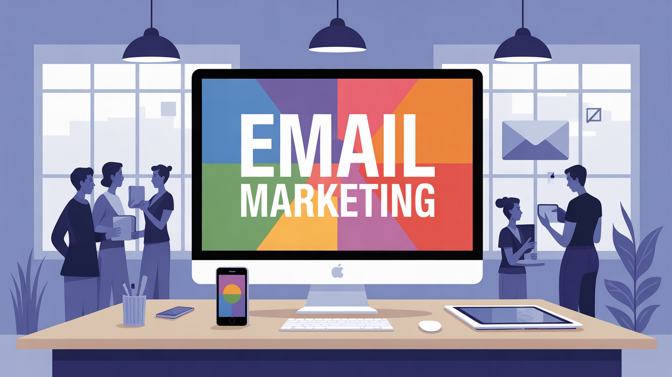 bureau mailerlite avec ordinateur fond email marketing
